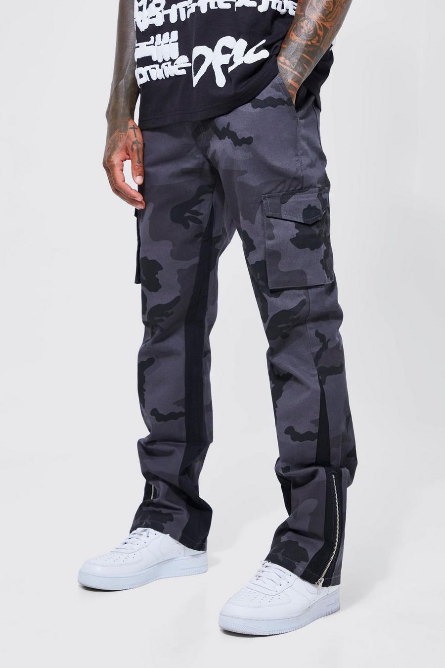 Pantaloni Cargo in fantasia militare con inserti sottili e vita fissa, Charcoal image number 1