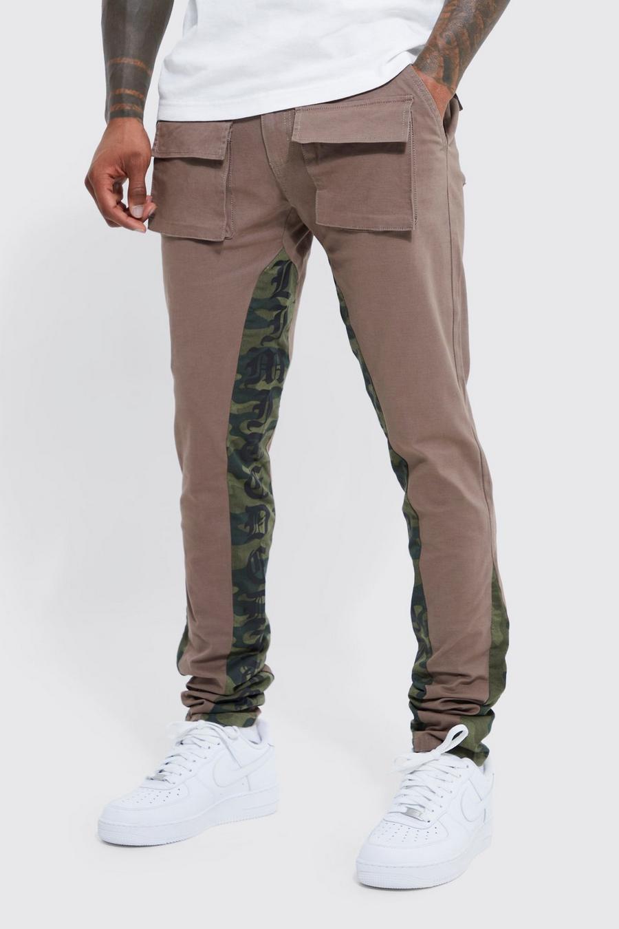Chocolate Fixed Waist Skinny Gusset Camo Cargo Trouser image number 1