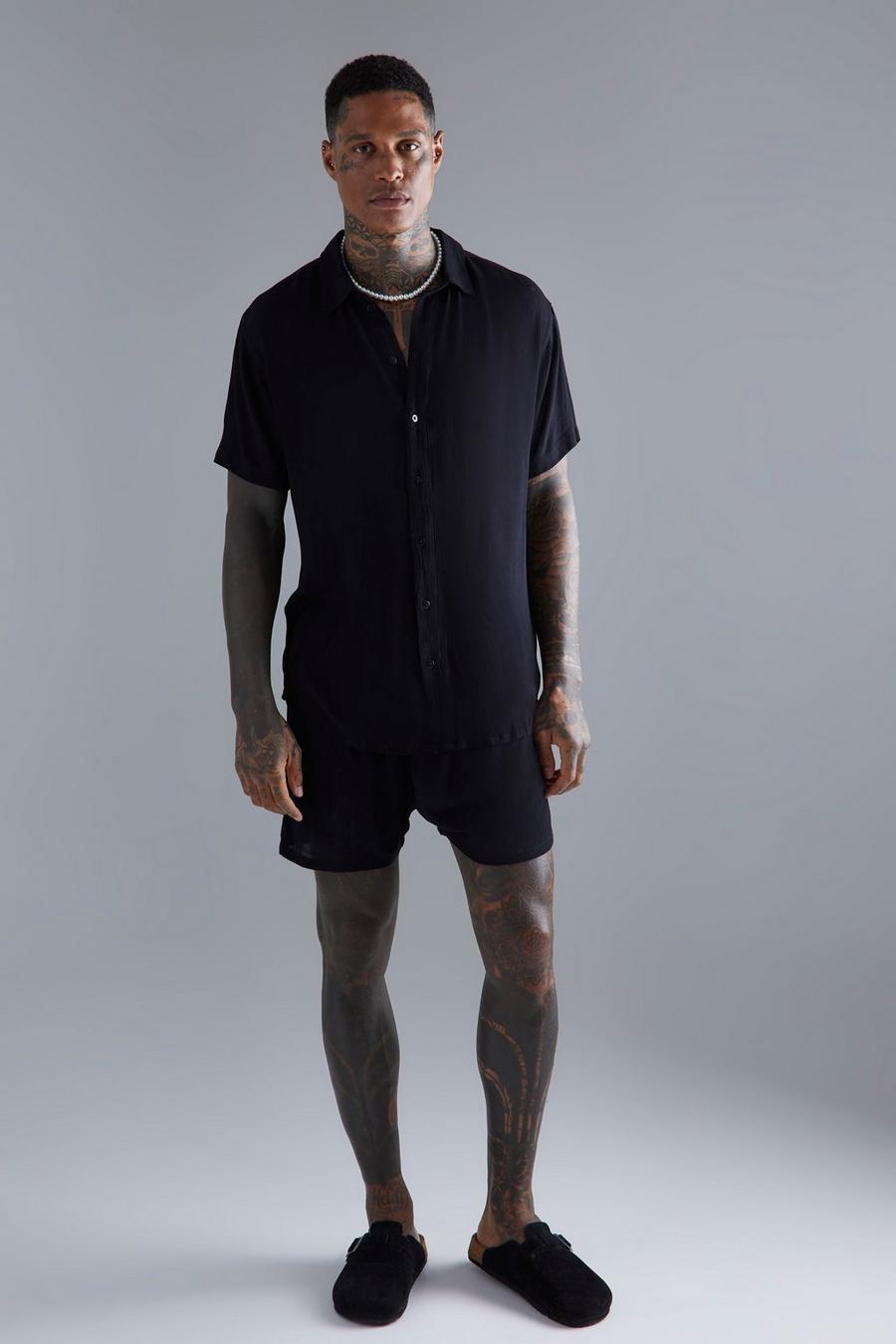 Black Short Sleeve Cheese Cloth Shirt And Short Set
