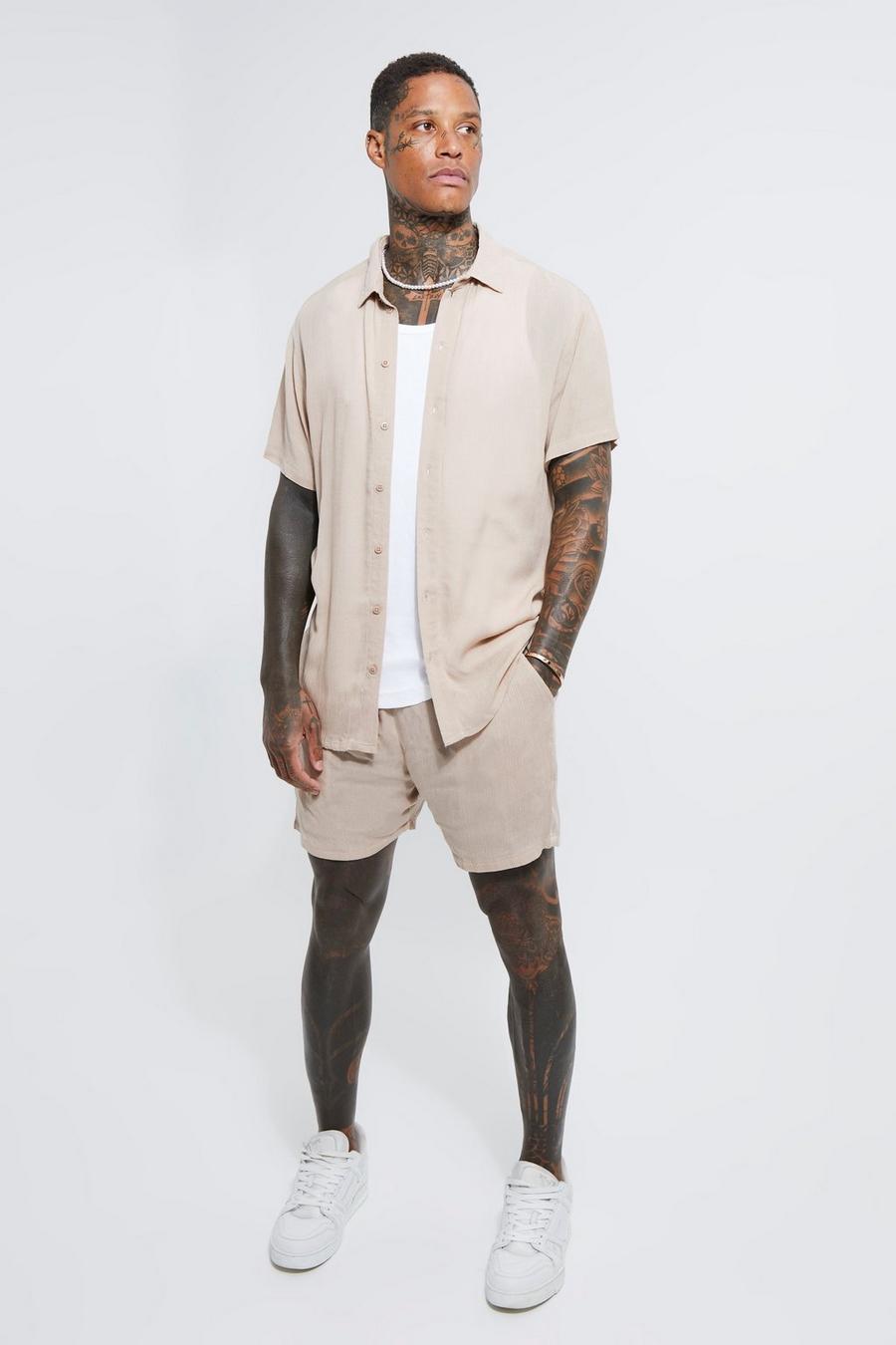 Stone beige Short Sleeve Cheese Cloth Shirt And Short Set