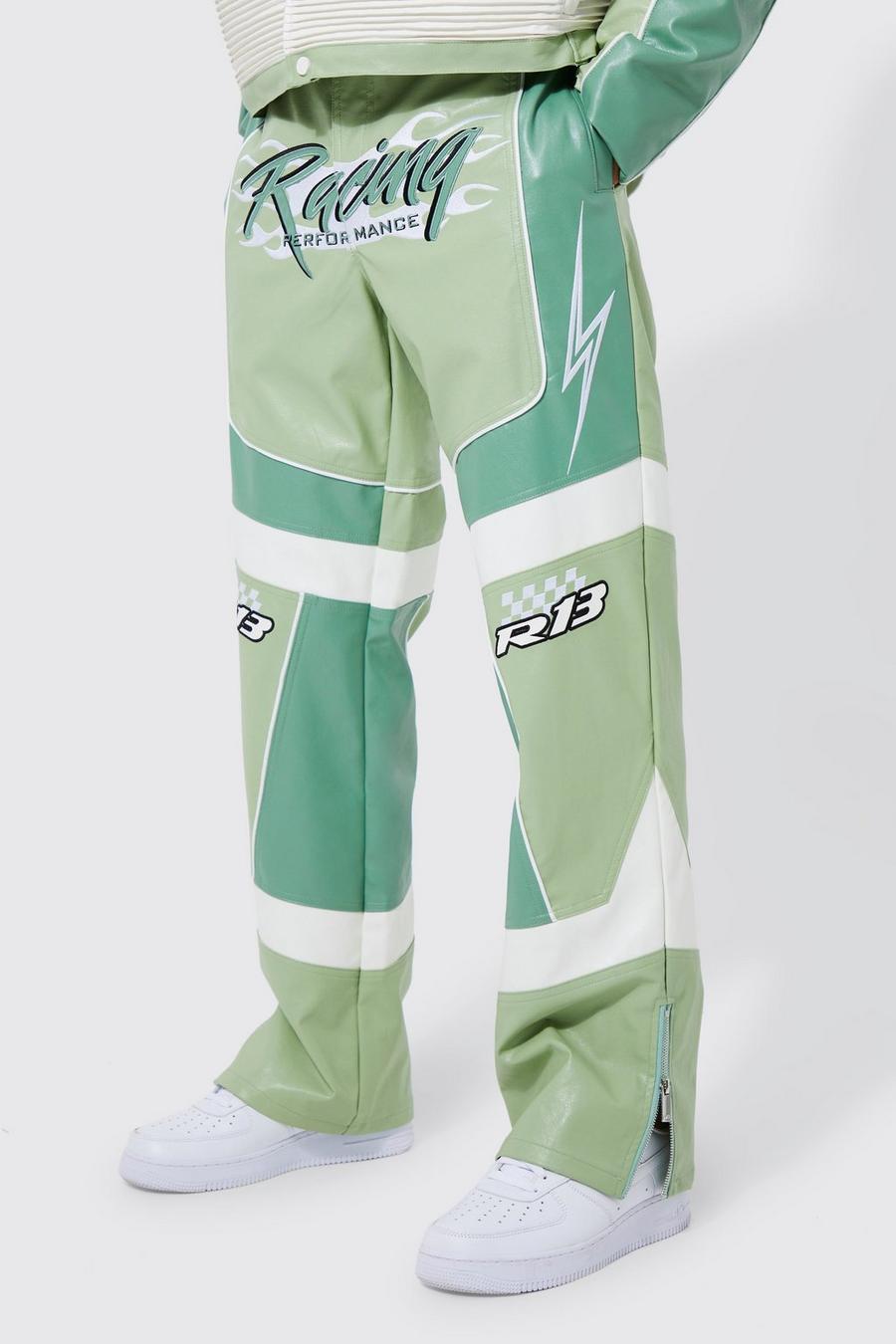 Pantalón holgado de cuero sintético con cintura fija, Sage green