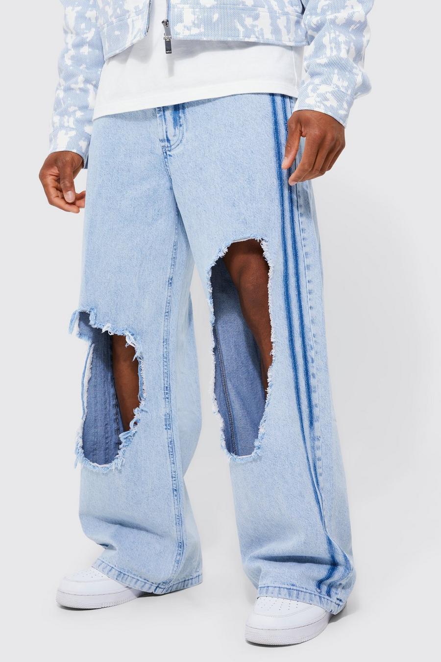 Light blue blau Relaxed Rigid Tape Detail Exploded Knee Jeans
