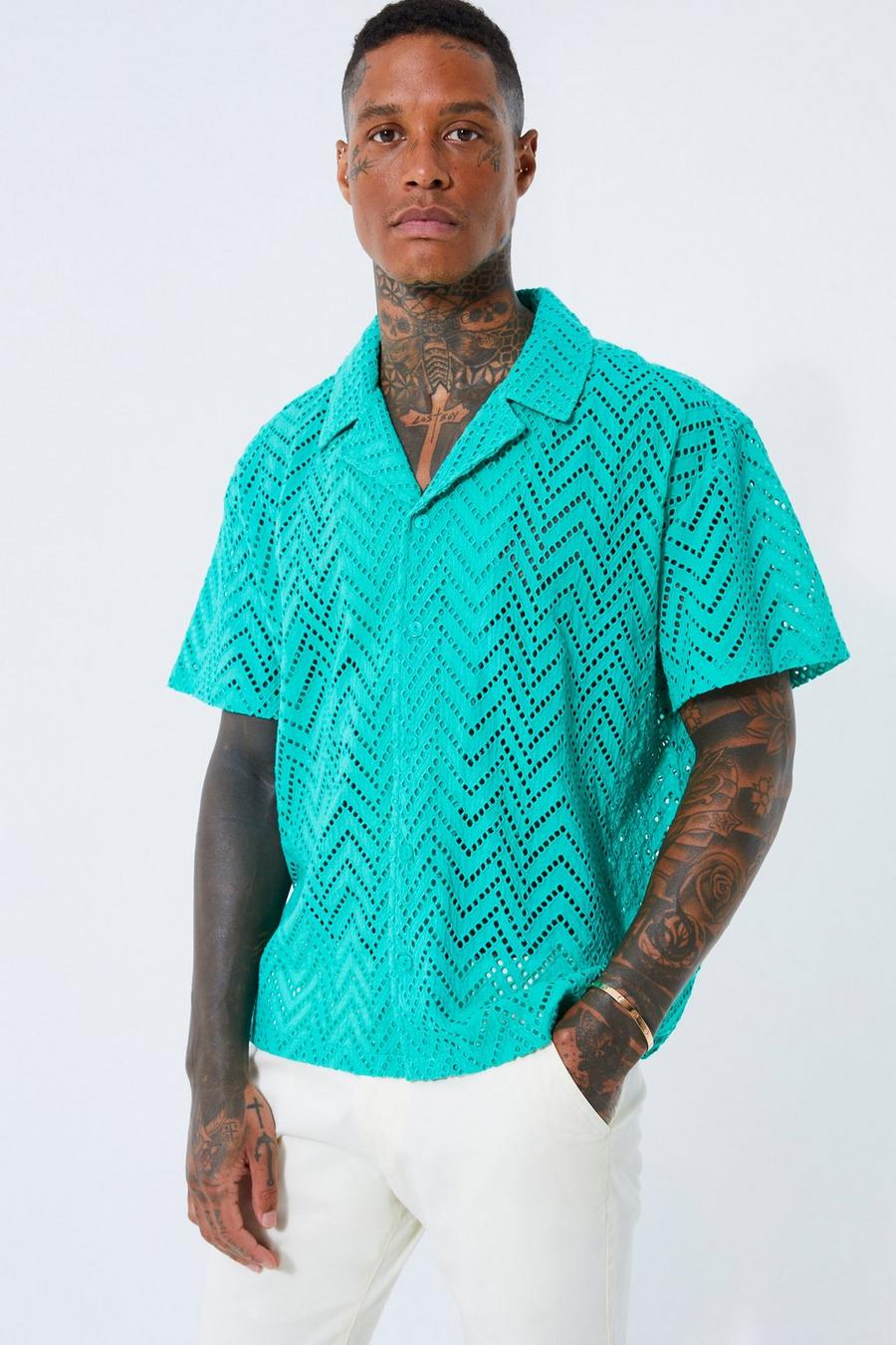 Green grön Short Sleeve Boxy Zig Zag Embroidered Shirt