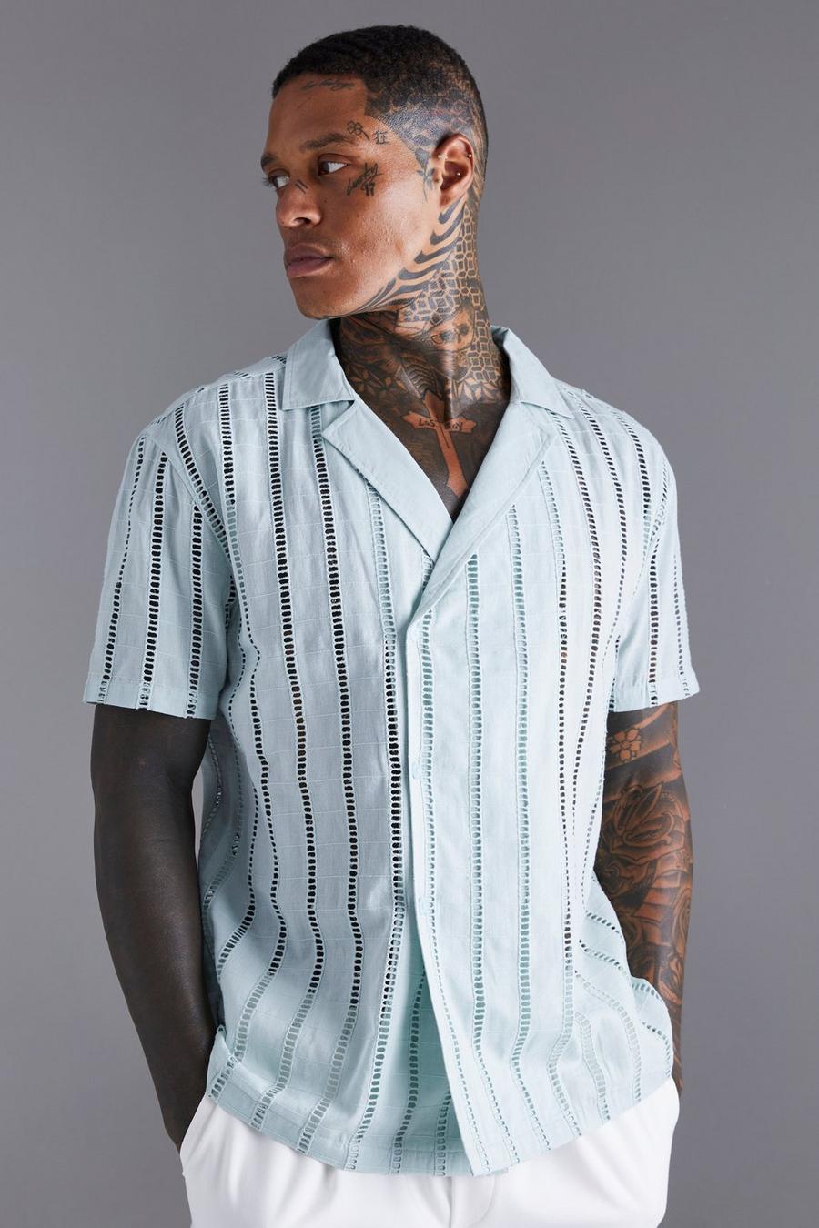 Light blue bleu Short Sleeve Wrap Crochet Stripe Shirt