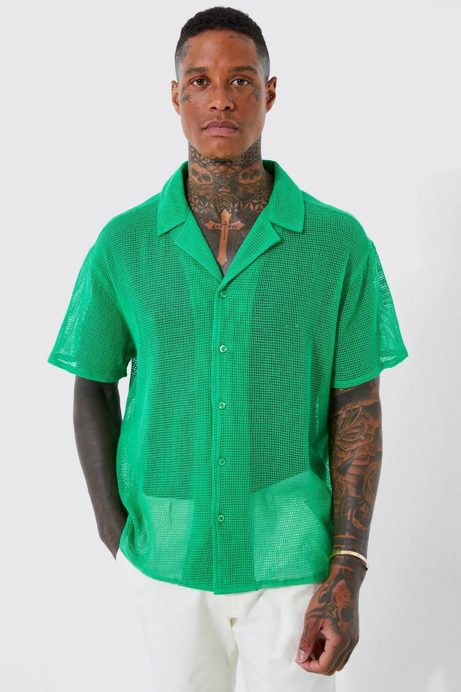 Green Short Sleeve Boxy Open Weave Shirt image number 1