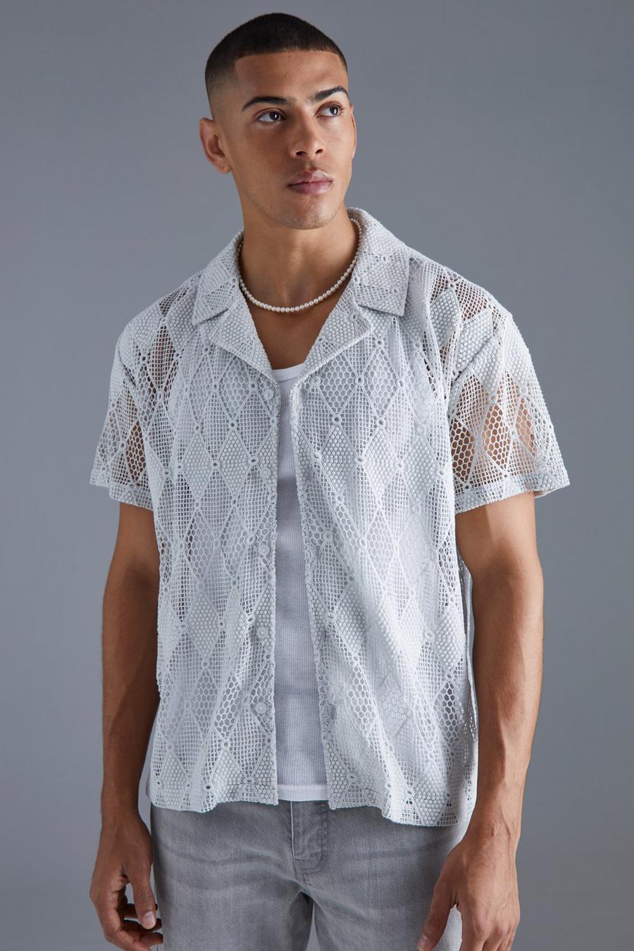 Light grey Short Sleeve Boxy Diamond Crochet Shirt image number 1