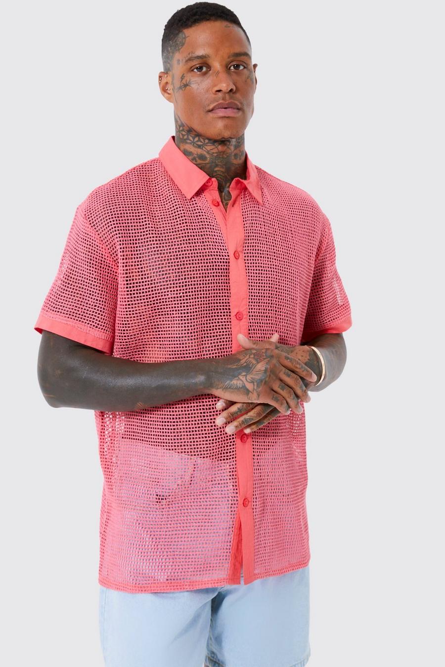 Pink Short Sleeve Open Weave Oversized Shirt image number 1