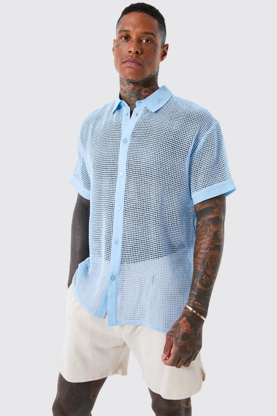 Short Sleeve Open Weave Oversized Shirt, Blue azul