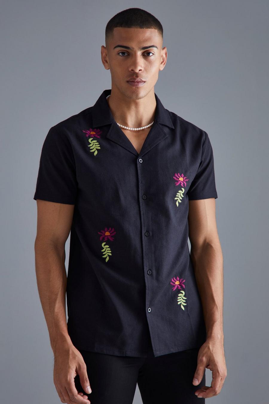Black Short Sleeve Line Look Floral Embroidered Shirt image number 1