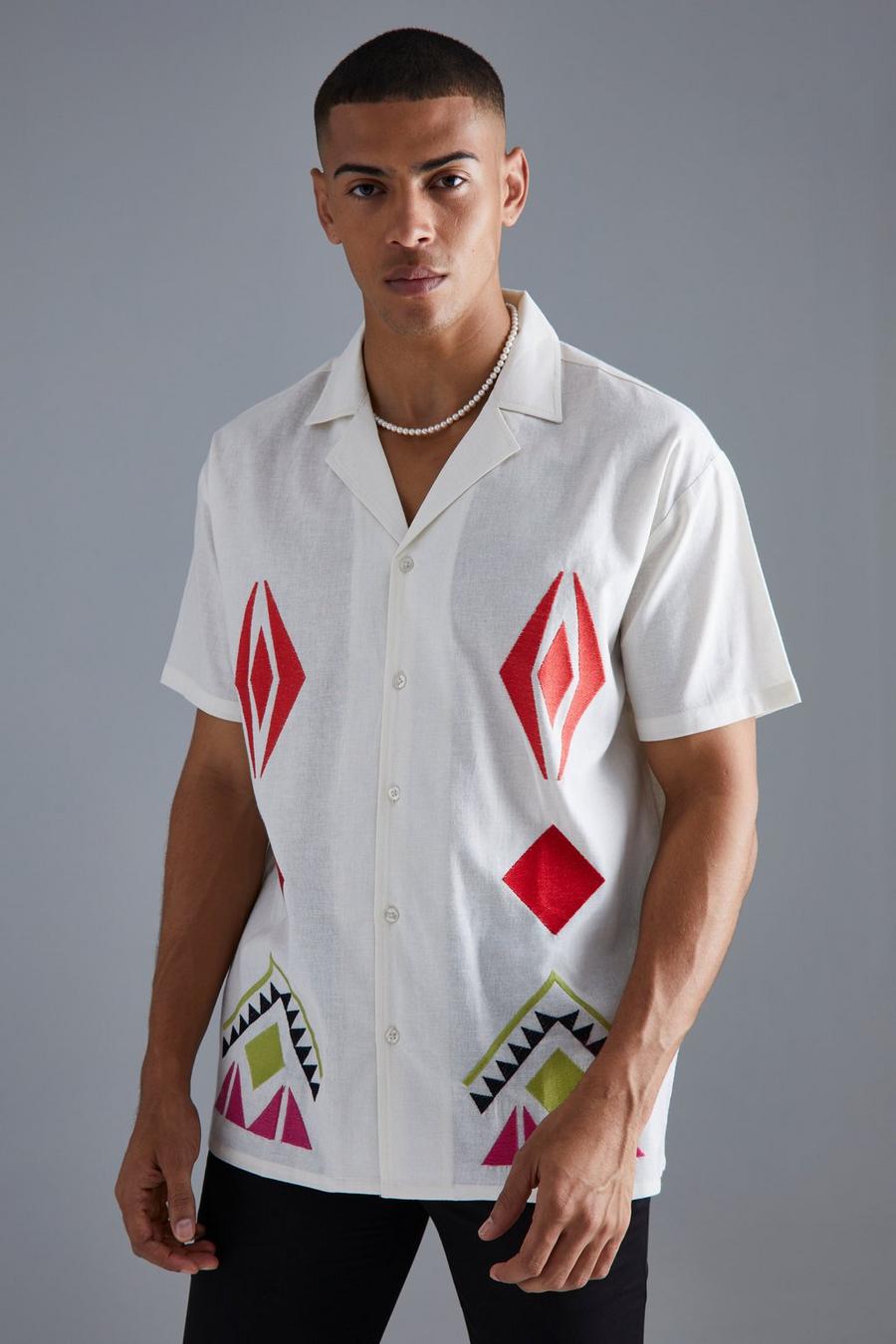 Ecru Short Sleeve Linen Look Oversized Aztec Embroidered Shirt  image number 1