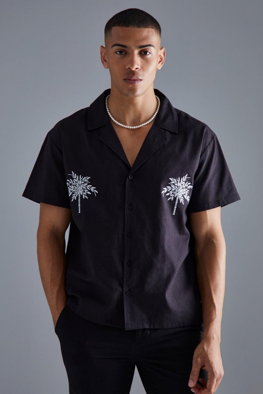 Black Short Sleeve Linen Look Boxy Palm Embroidered Shirt