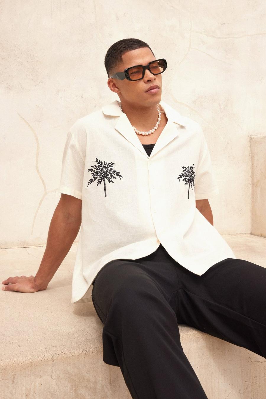 Ecru Short Sleeve Linen Look Boxy Palm Embroidered Shirt image number 1