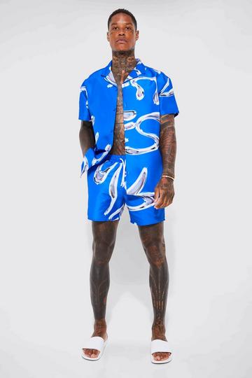 Short Sleeve Metallic Swirl Shirt And Swim Short cobalt