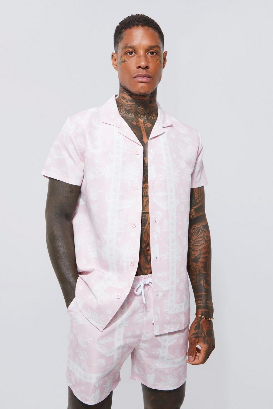 Pale pink Short Sleeve Plate Pattern Shirt And Swim Short