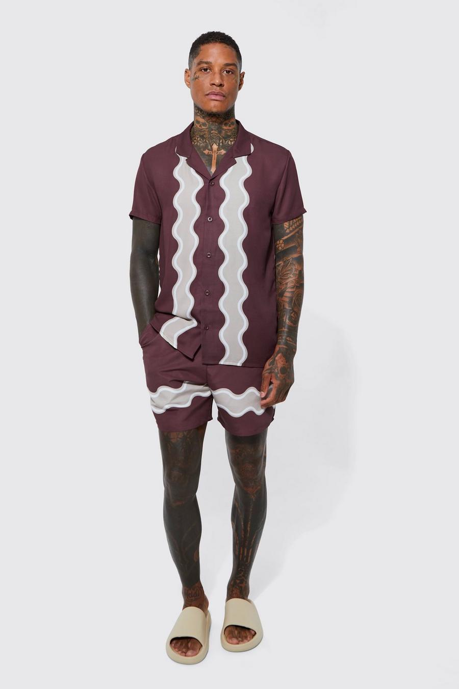 Chocolate marron Short Sleeve Swirl Stripe Shirt And Swim Short 