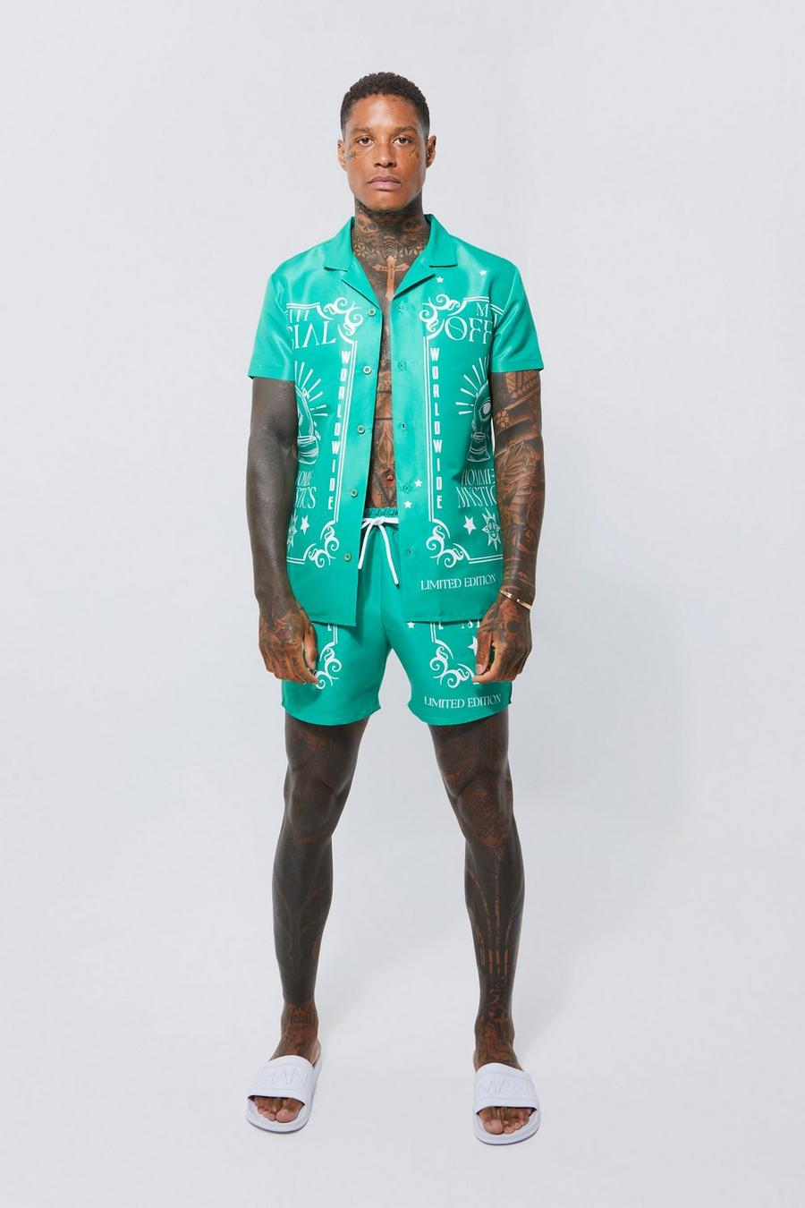 Green Short Sleeve Border Pattern Shirt And Swim Short 