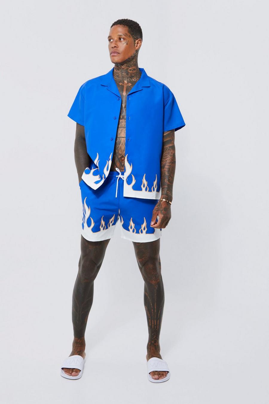 Cobalt blue Short Sleeve Flame Hem Shirt And Swim Set image number 1