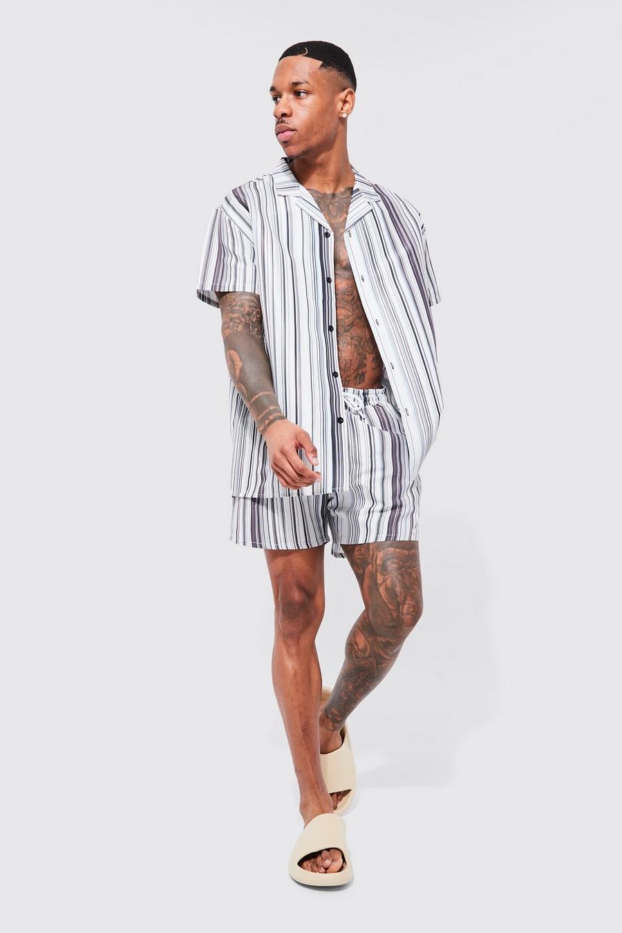Brown Short Sleeve Multi Stripe Shirt And Swim Set 