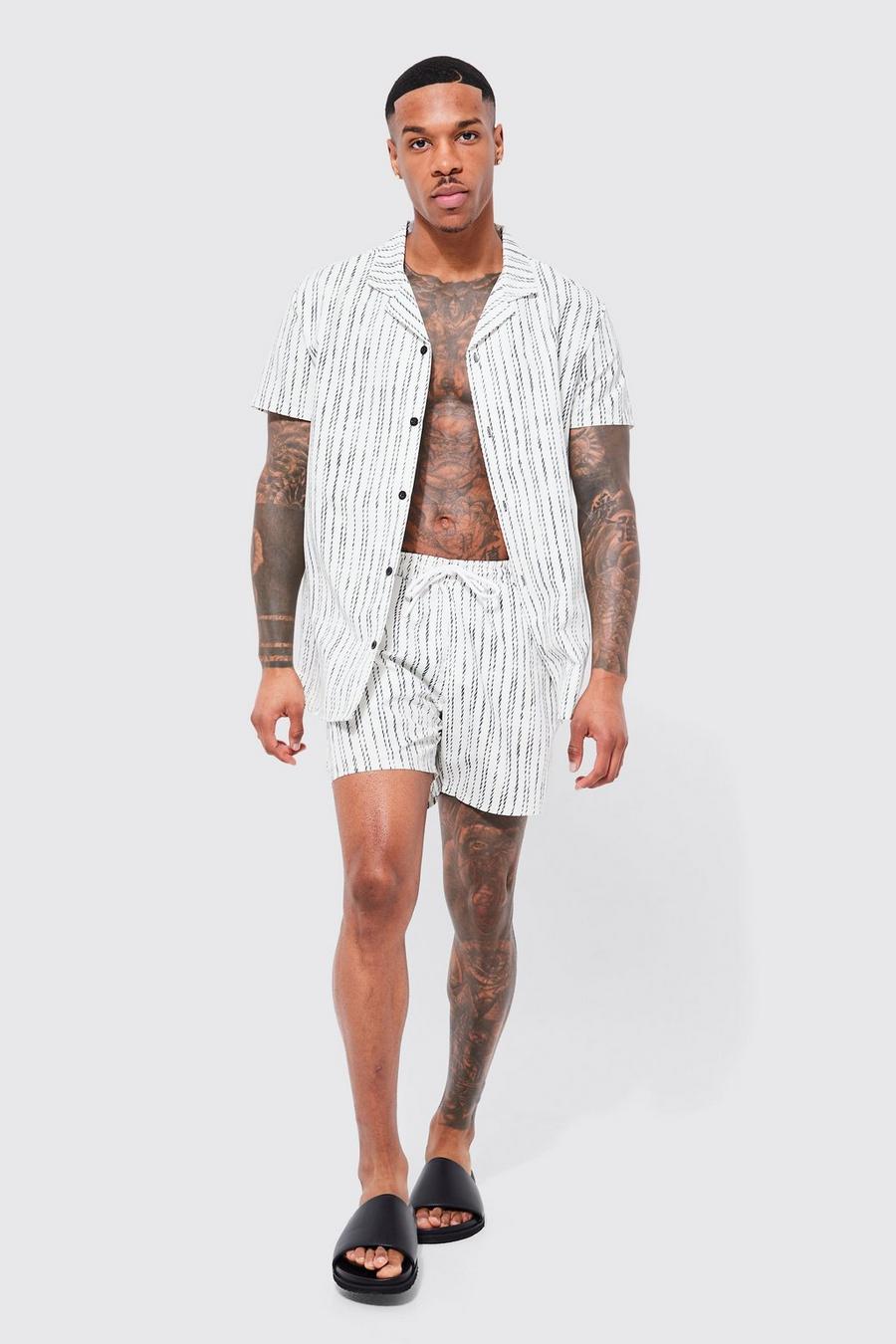 Black Short Sleeve Dashed Stripe Shirt And Swim Set