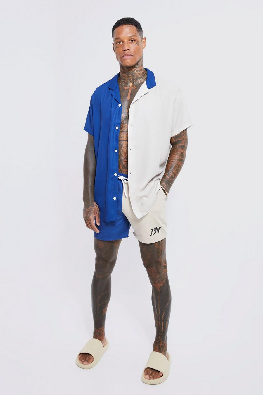 Blue Oversized Short Sleeve Spliced Bm Shirt And Swim Set image number 1