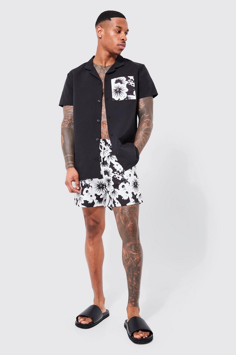 Black Short Sleeve Floral Pocket Shirt And Swim Set image number 1