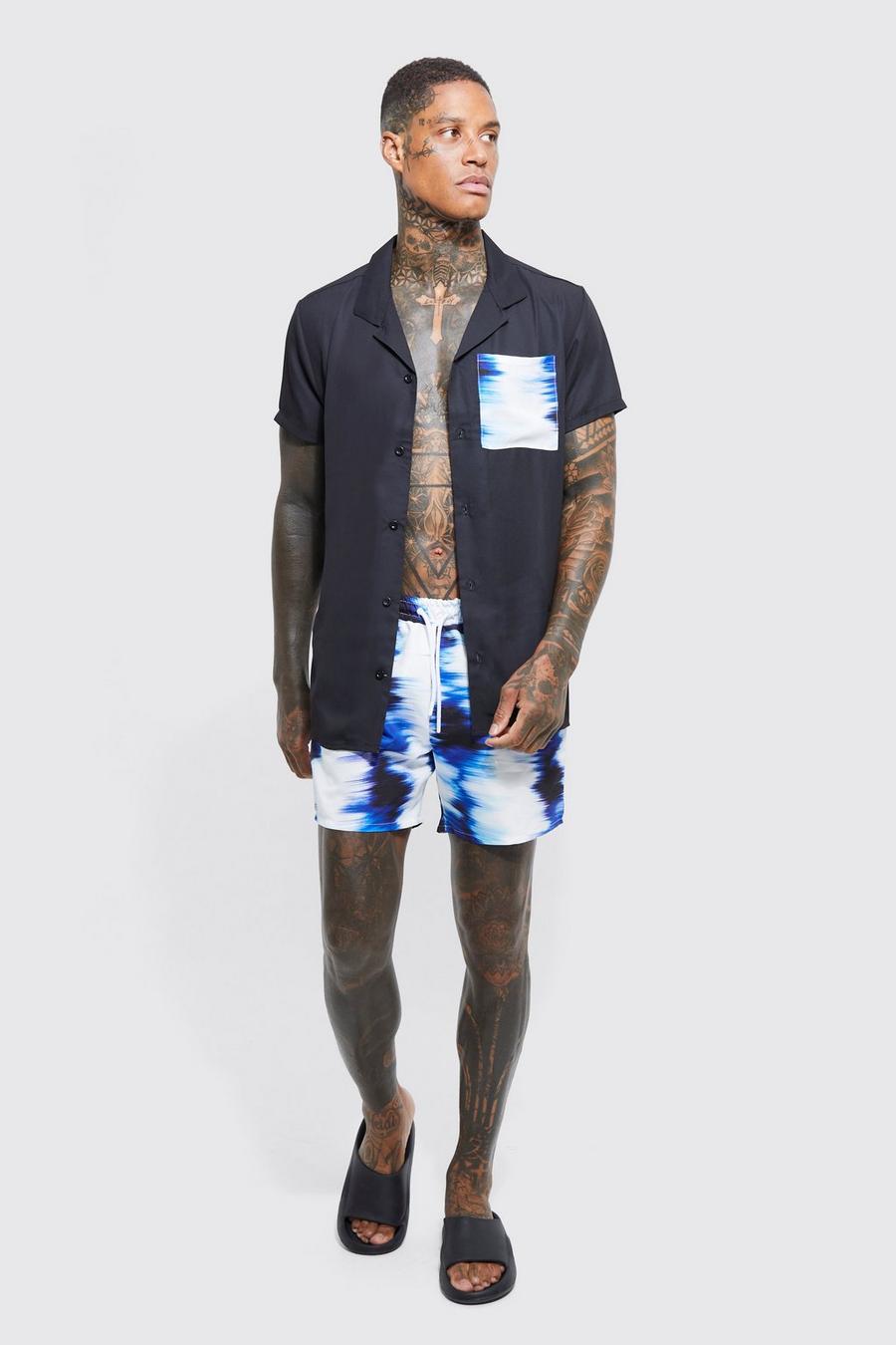 Blue Short Sleeve Tie Dye Pocket Shirt And Swim Set