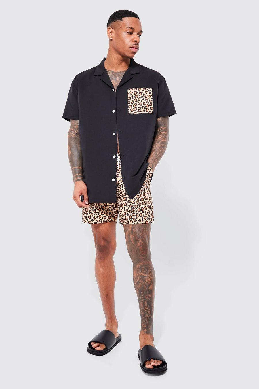 Multi Short Sleeve Leopard Pocket Shirt And Swim Set image number 1