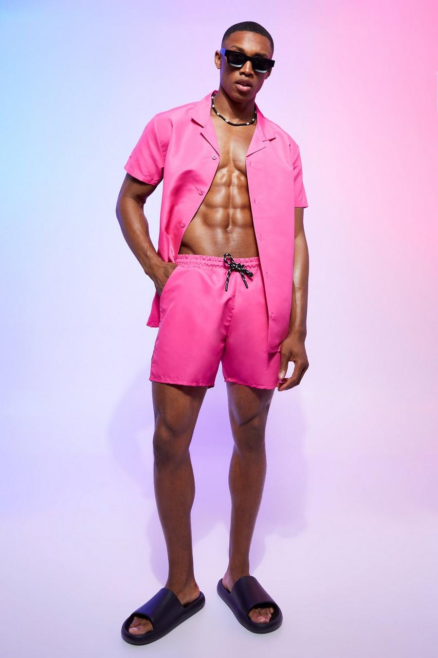 Hot pink Short Sleeve Tape Detail Shirt And Swim Set image number 1