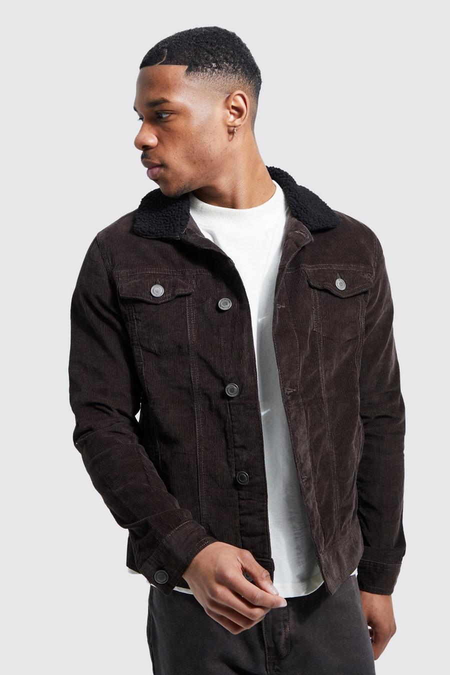 Brown Regular Fit Cord Jacket With Borg Collar 