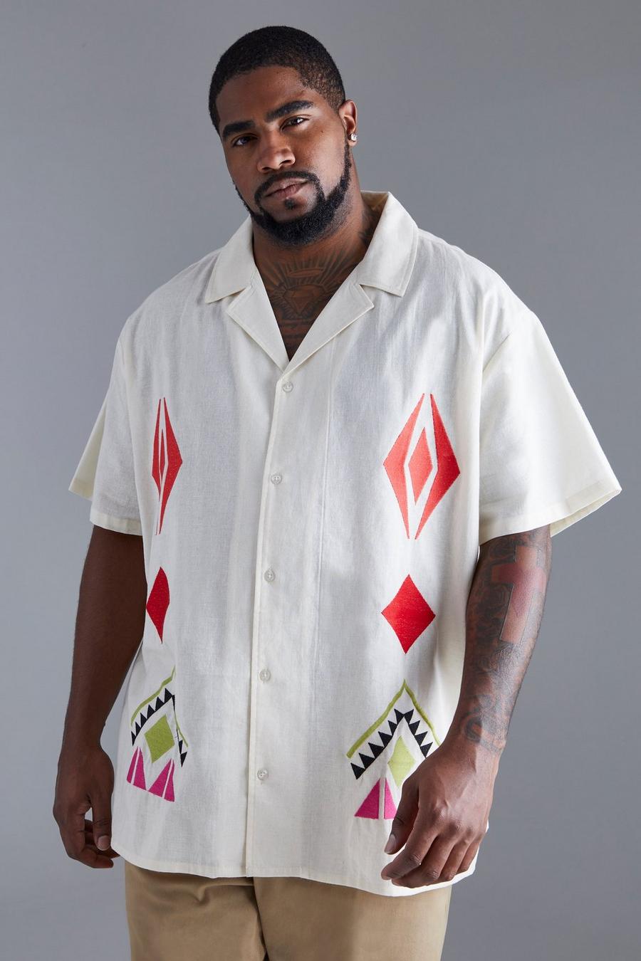 Ecru white Plus Short Sleeve Oversized Aztec Embroidered Shirt 
