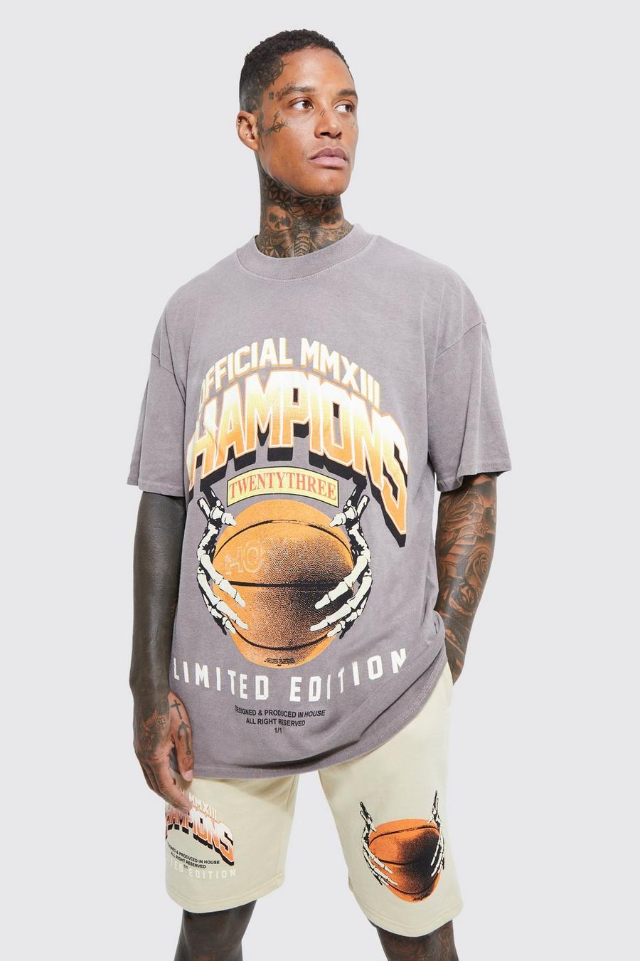 Conjunto oversize de pantalón corto y camiseta con estampado gráfico de baloncesto, Chocolate image number 1