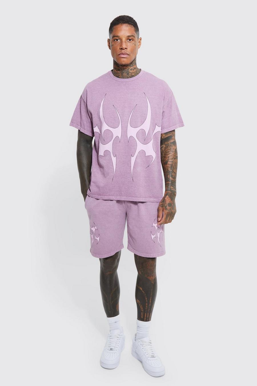 Mauve purple Oversized Graphic Overdye T-shirt And Short Set