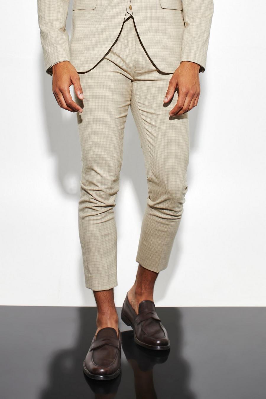 Beige Skinny Crop Micro Check Suit Trousers image number 1