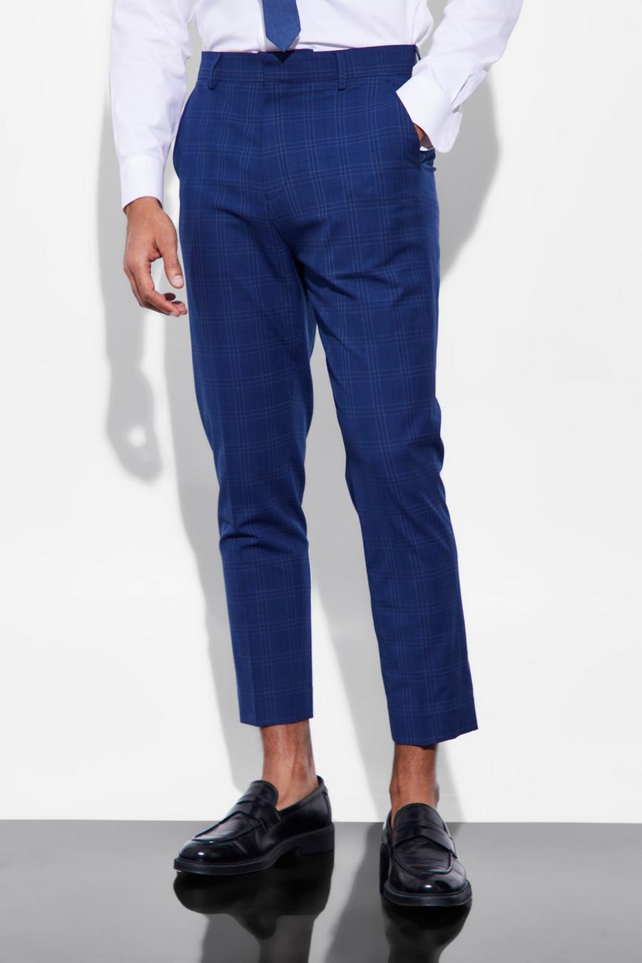 Navy Tapered Check Suit Trousers image number 1