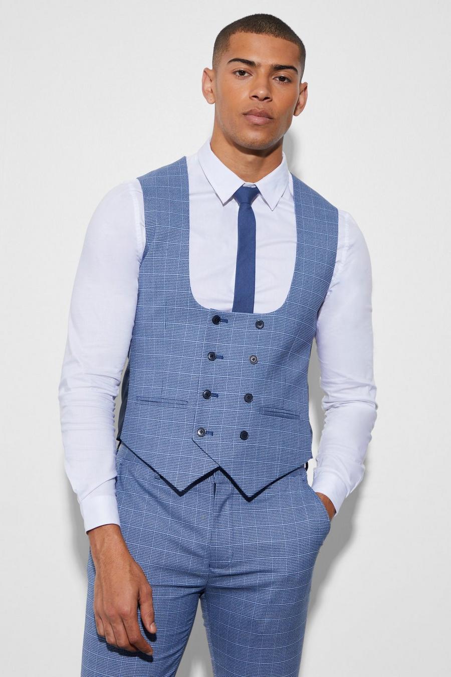 Navy Skinny Double Breasted Micro Check Waistcoat image number 1