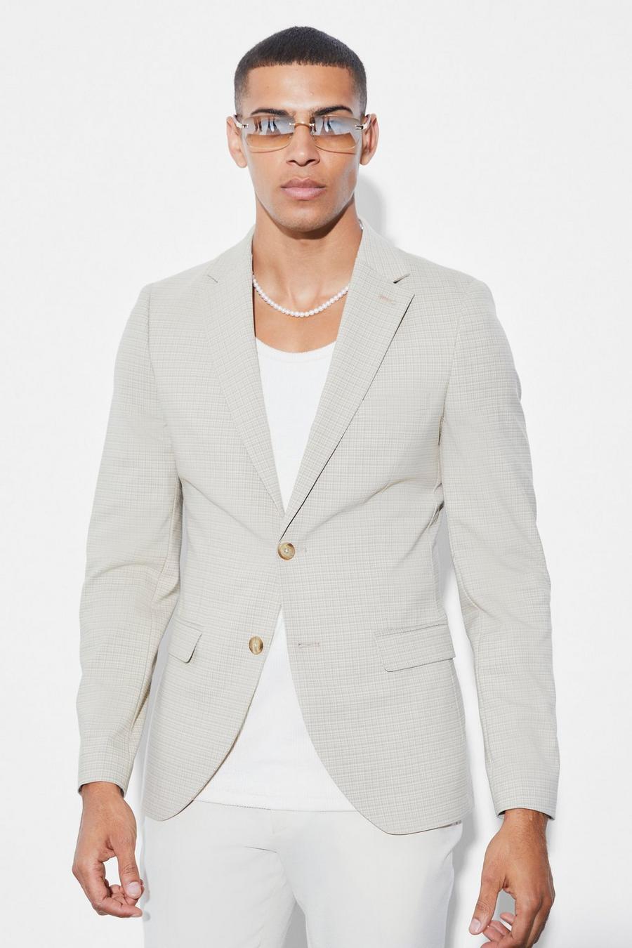 Beige Skinny Single Breasted Micro Check Jacket image number 1