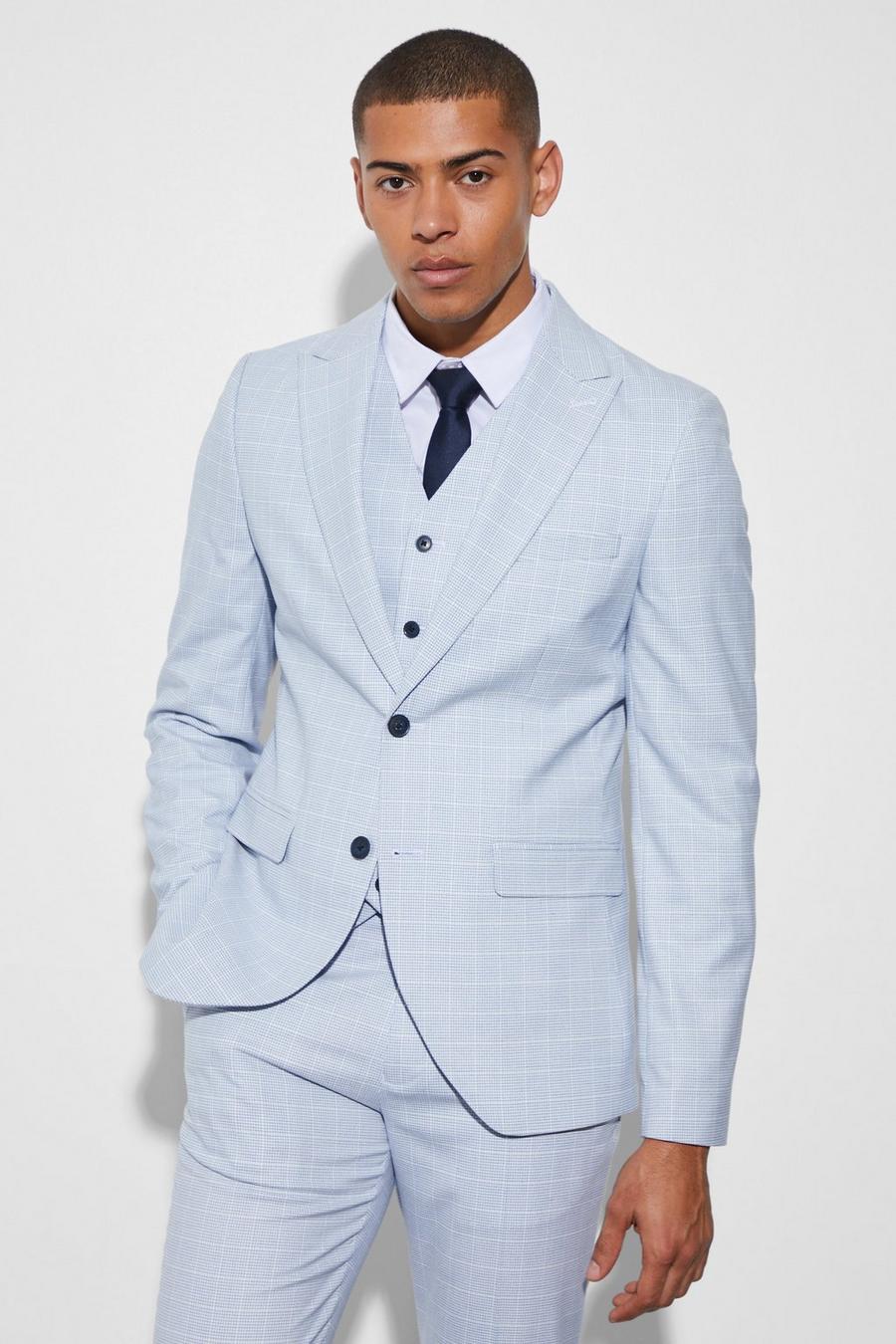 Ecru white Slim Single Breasted Micro Check Suit Jacket