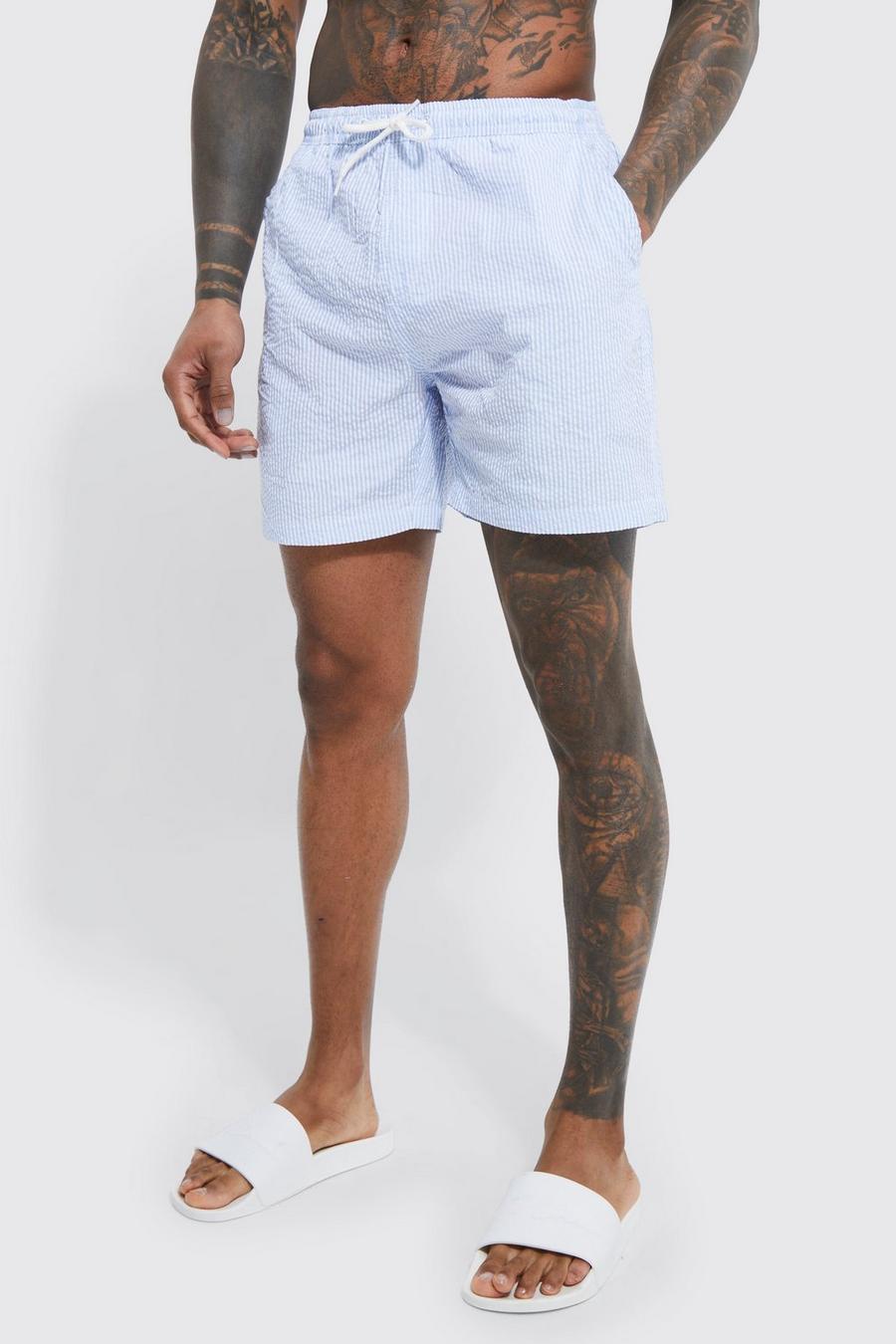 Light blue blau Mid Length Seersucker Stripe Swim Shorts