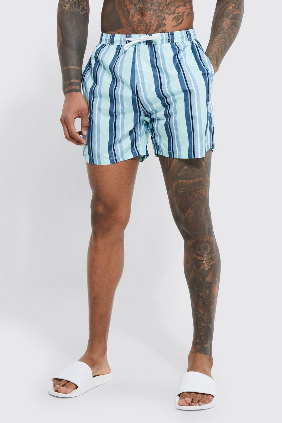 Light blue Mid Length Stripe Swim Shorts