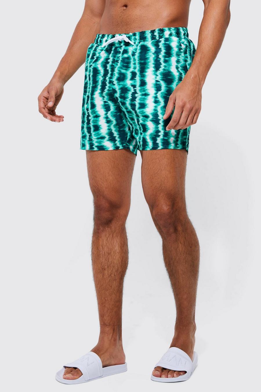 Green Mid Length Blurred Stripe Swim Shorts image number 1