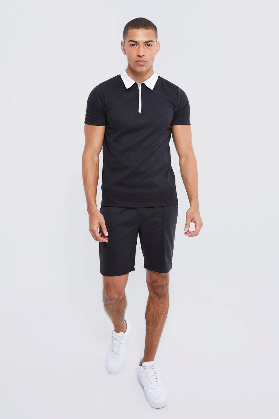Slim Fit 1/4 Zip Polo And Short Set, Black negro