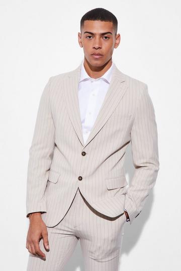 Skinny Single Breasted Striped Suit Jacket beige
