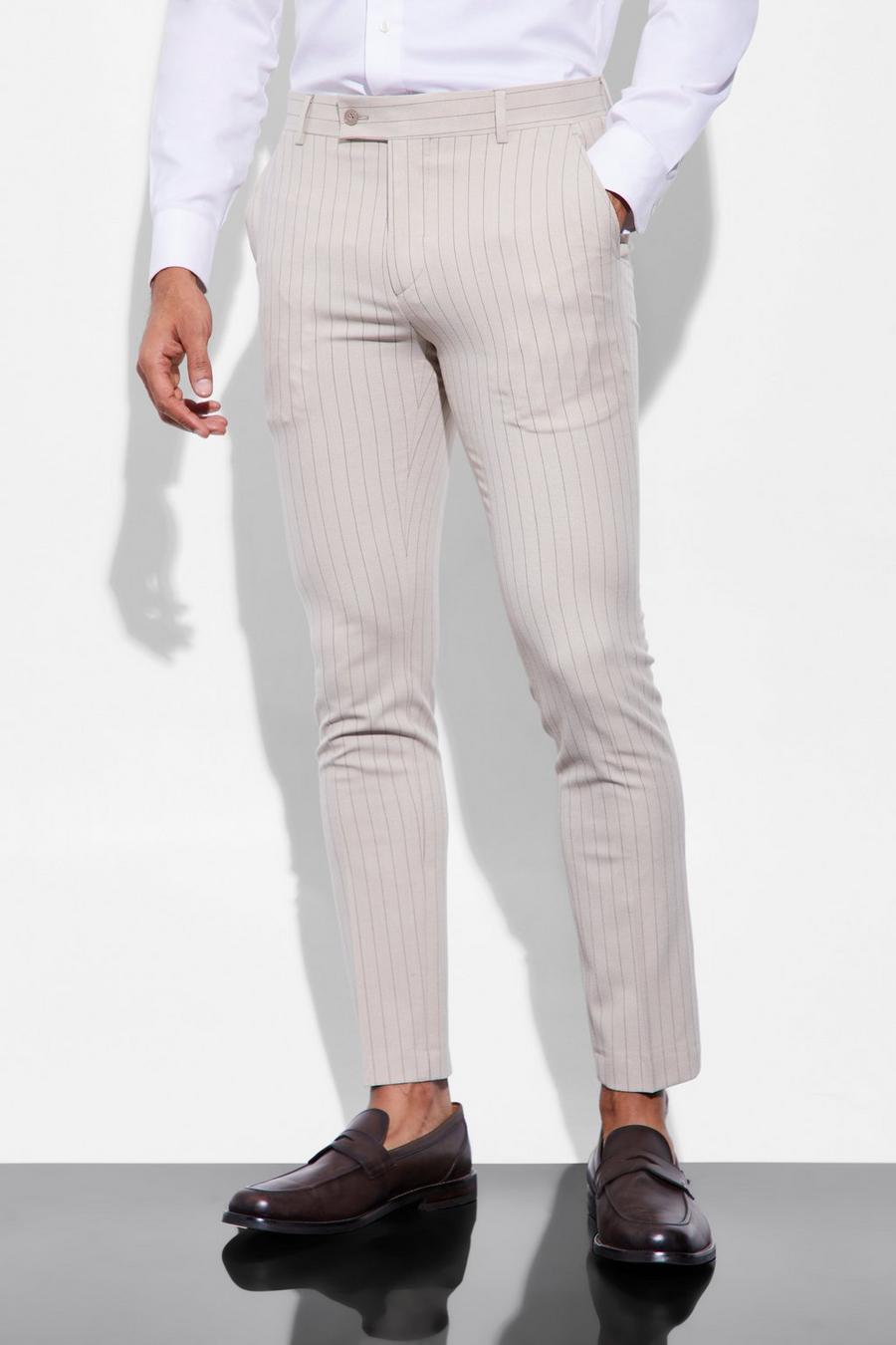Beige Skinny Striped Suit Trousers image number 1