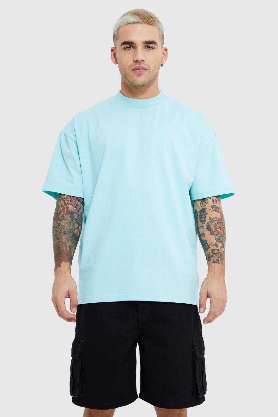 Oversized Heavyweight Extended Neck T-shirt, Aqua azzurro