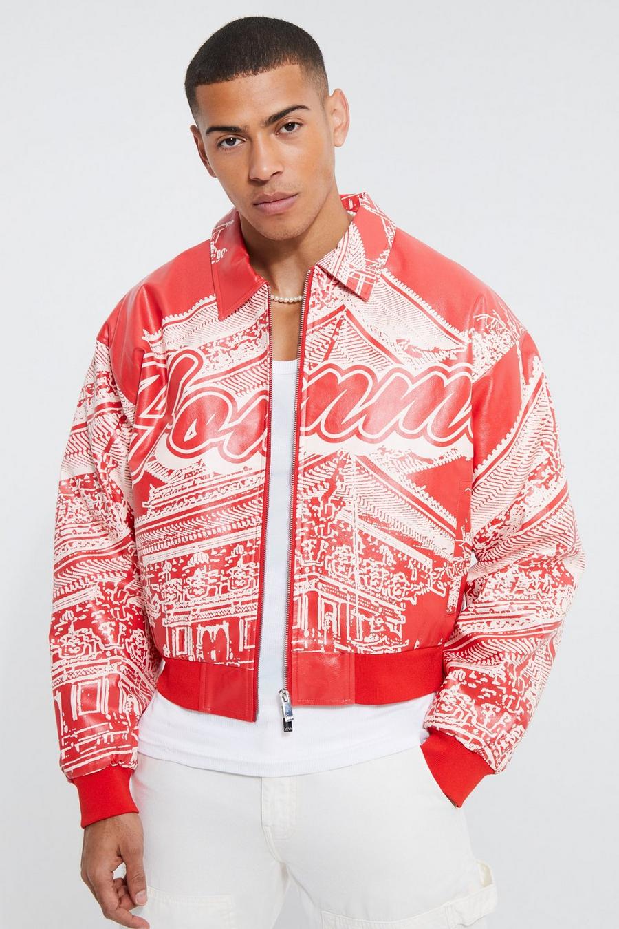 Red röd Boxy Printed Pu Collared Bomber image number 1