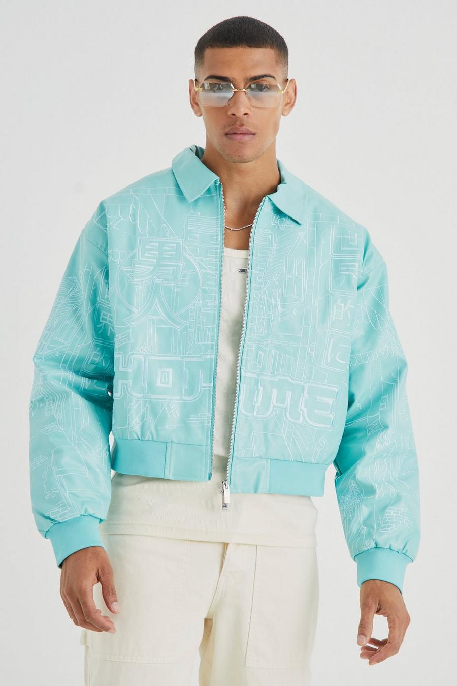 Aqua Boxy Pu Embroidered Collared Bomber image number 1