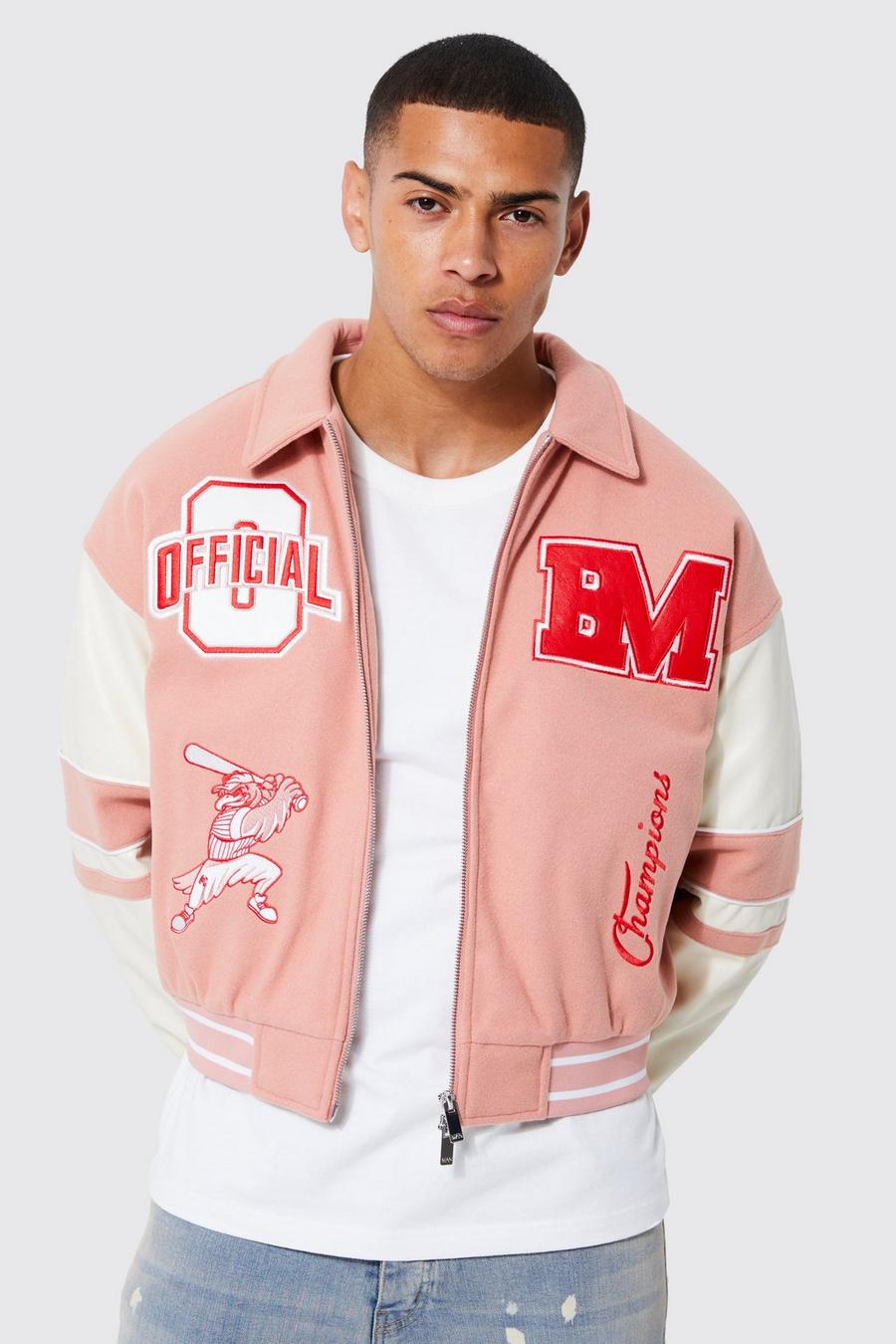 Boxy Worldwide Melton Varsity Jacket | boohoo Boxy Worldwide Melton Varsity Jacket | boohoo