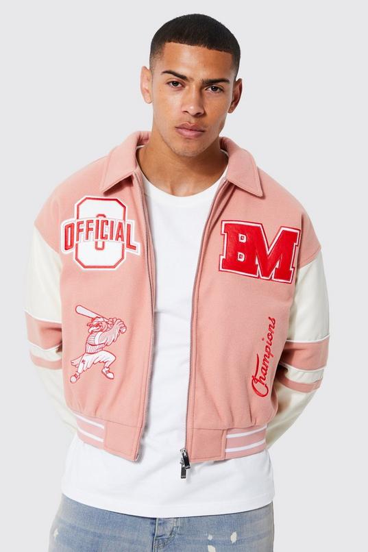 Boxy Worldwide Melton Varsity Jacket | boohoo Boxy Worldwide Melton Varsity Jacket | boohoo