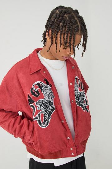 Boxy Faux Suede Embroidered Varsity Jacket rust