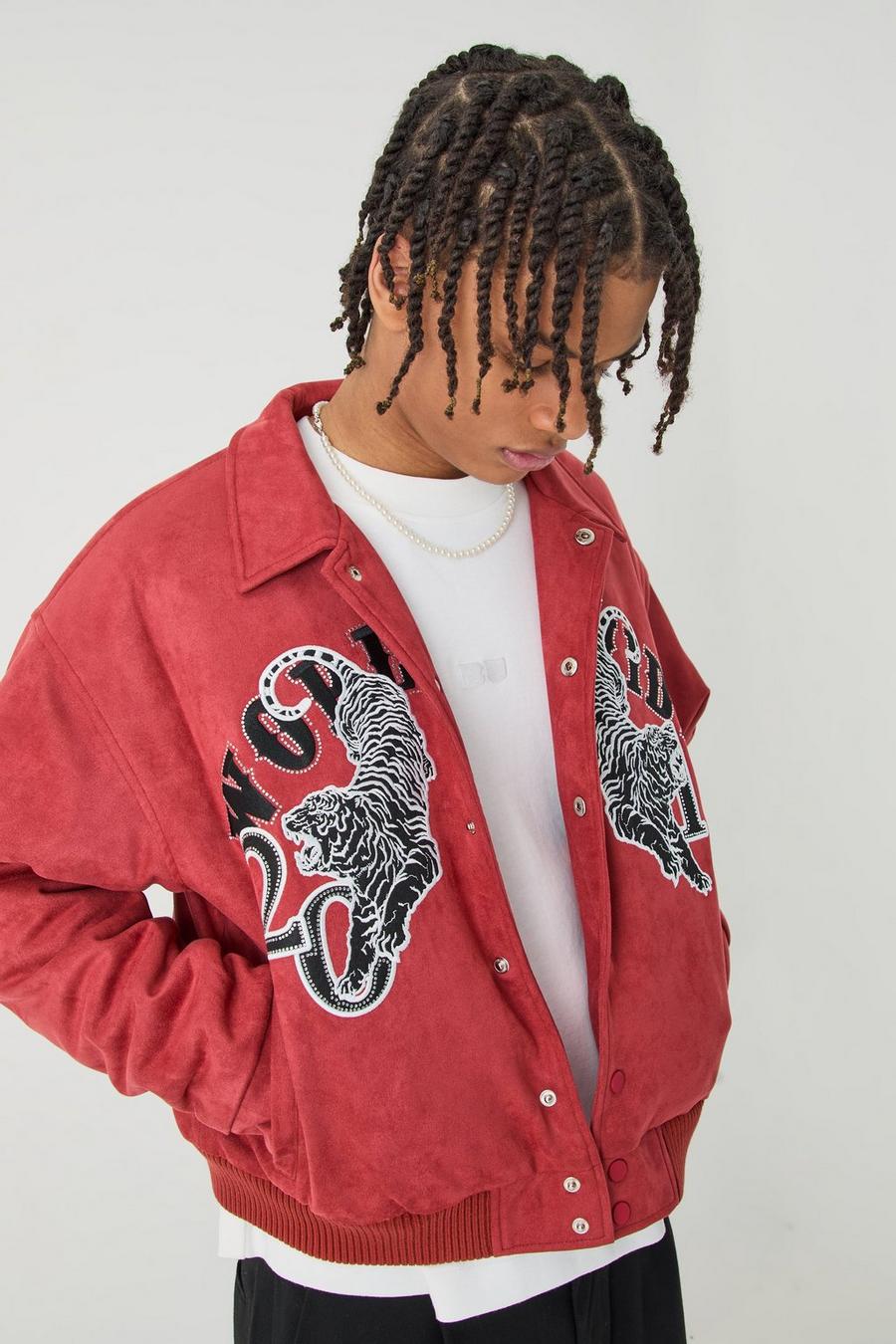 Rust Boxy Suede Embroidered Varsity Jacket image number 1
